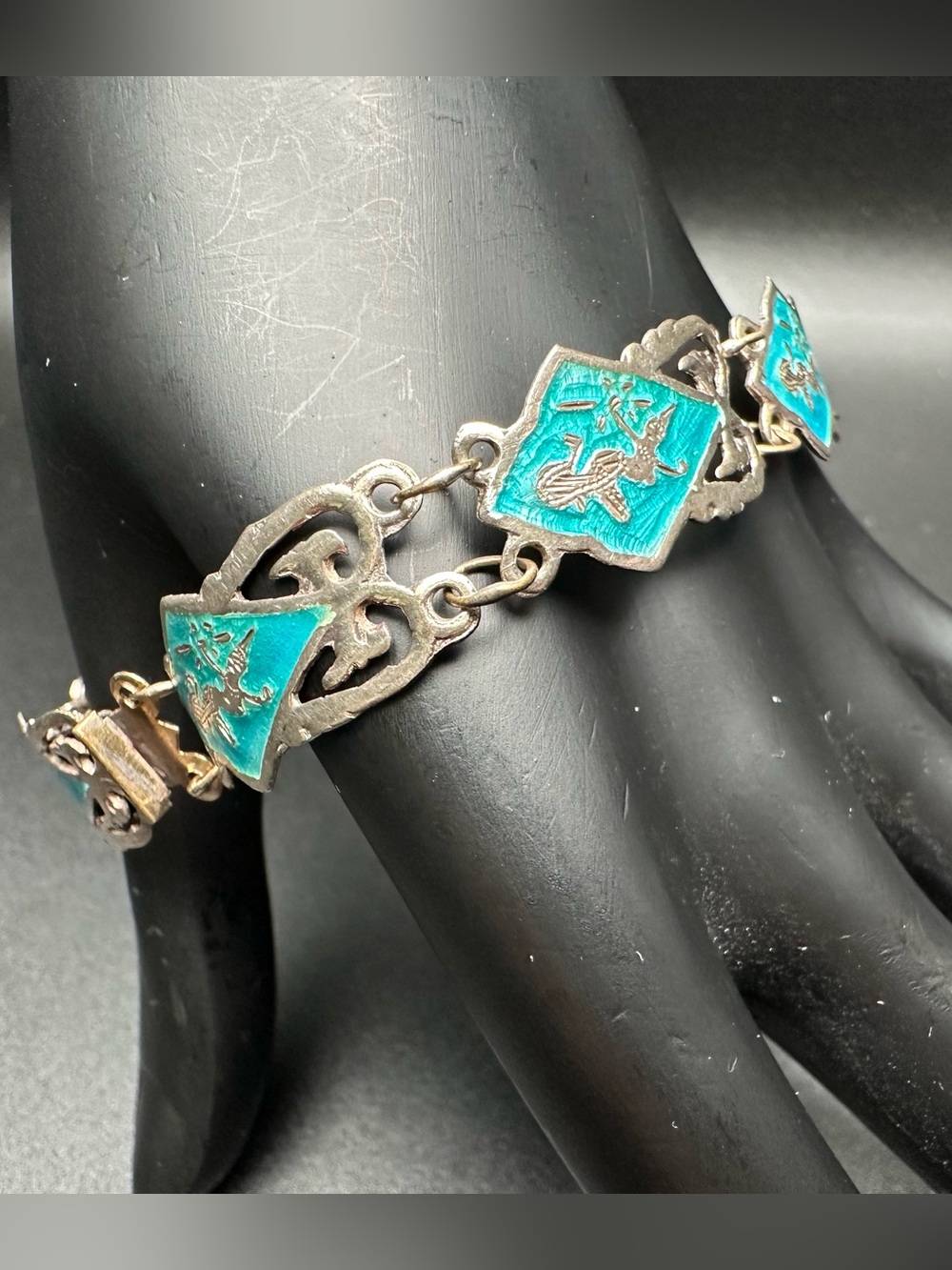 Sterling Silver (925) Turquoise Enamel Hexagon Link Bracelet, Bird Motif